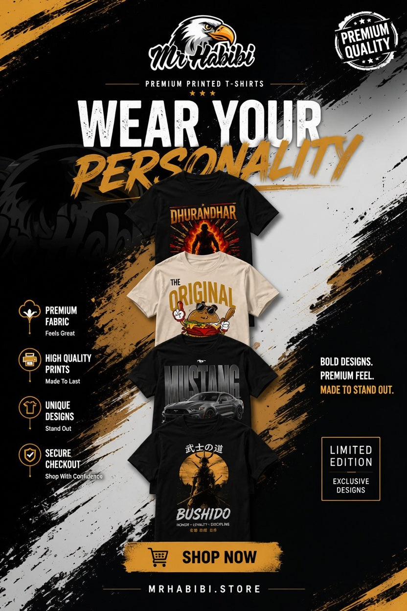 Promotional graphic for Mr Habibi t-shirts with various designs and text on a dark background.