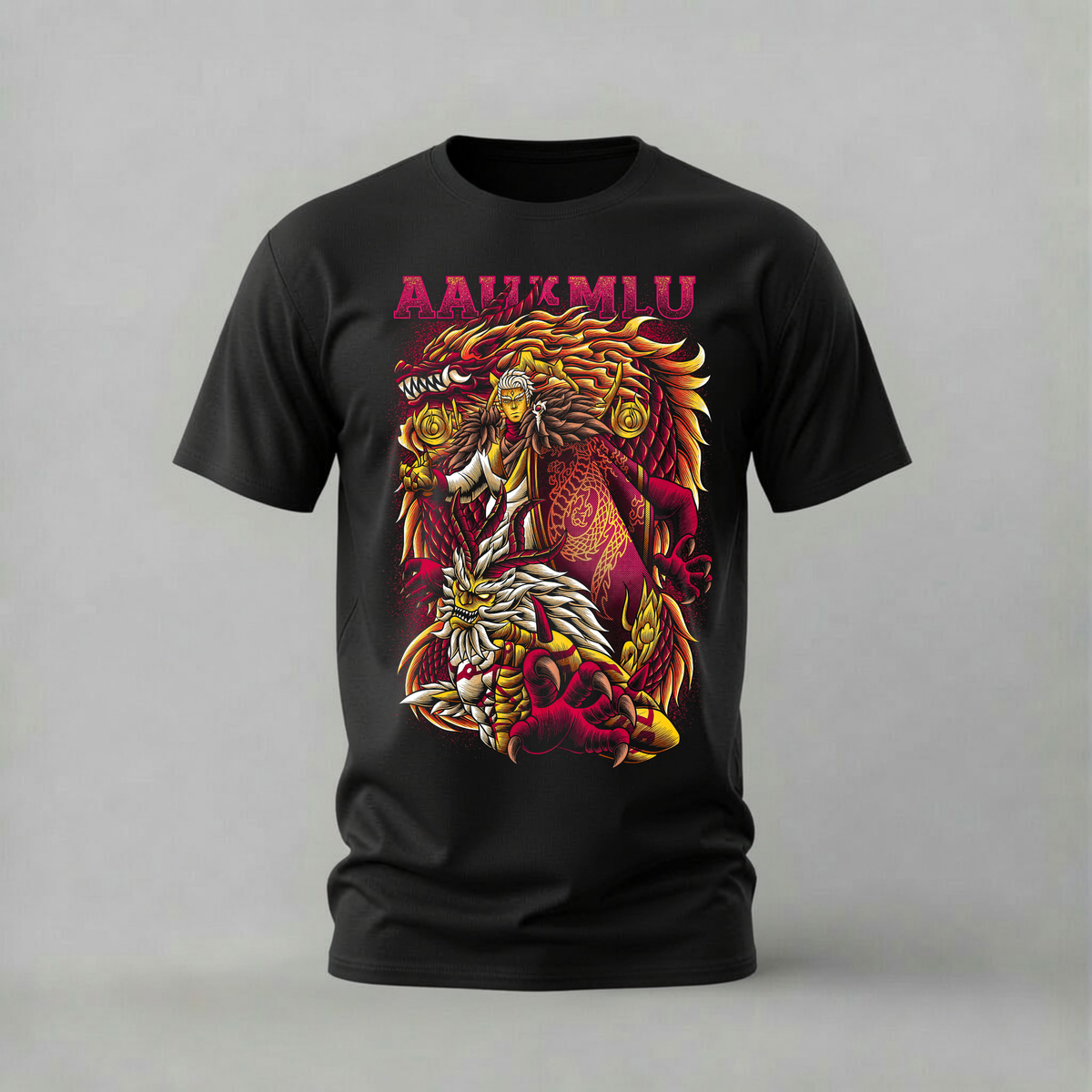 aaukmlu dragon tshirt; fantasy dragon shirt; red gold dragon graphic tee; dragon character tshirt; unisex aaukmlu tee; men cotton tshirt; half sleeve printed tshirt; fantasy merch; casual wear