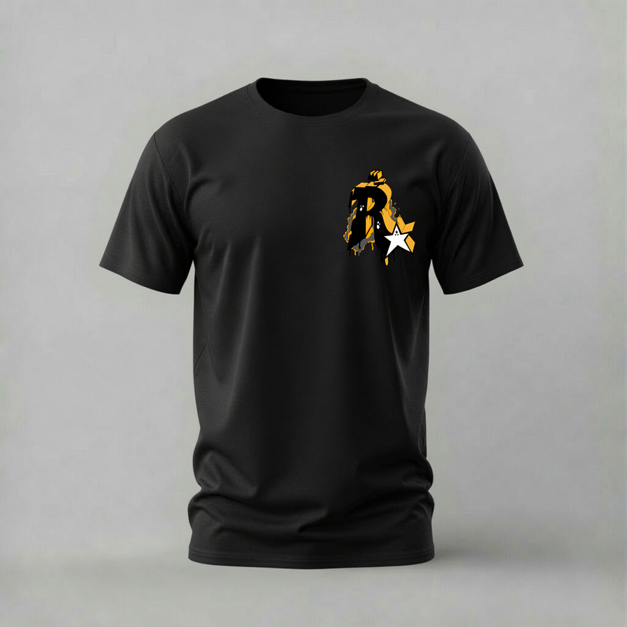 abstract star tshirt; dripping logo shirt; yellow abstract graphic tee; star design tshirt; modern abstract shirt; unisex abstract tee; men cotton tshirt; half sleeve printed tshirt; streetwear; casual wear; abstract merch; star graphic shirt
