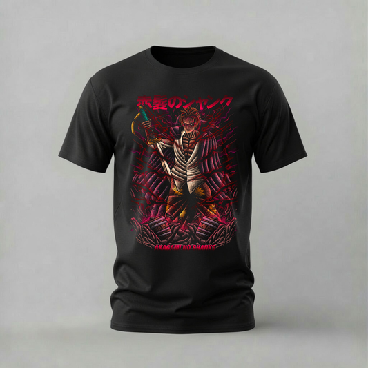 akagami no shanks tshirt; red hair shanks shirt; one piece shanks graphic tee; shanks pirate tshirt; unisex akagami shanks tee; men cotton tshirt; half sleeve printed tshirt; anime merch; casual wear