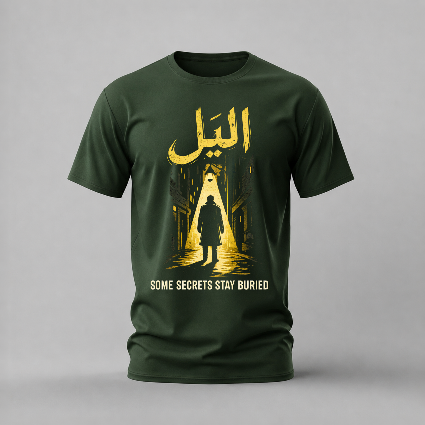 al layl tshirt; some secrets stay buried shirt; night alley graphic tee; arabic calligraphy tshirt; unisex graphic tee; men cotton tshirt; half sleeve printed tshirt; street merch; casual wear
