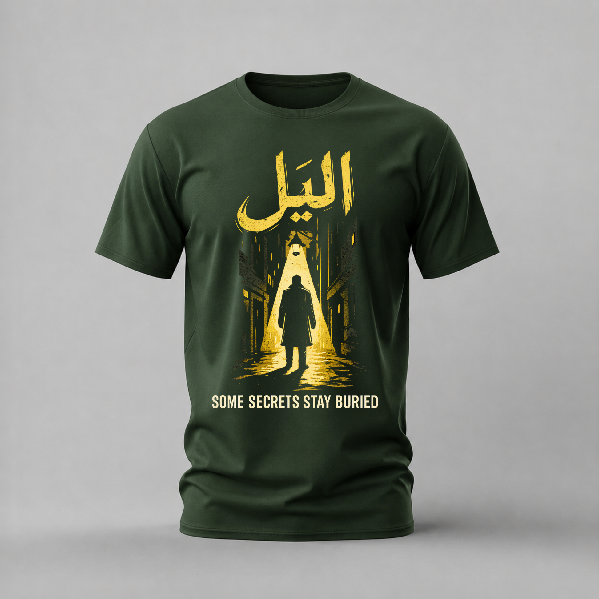 al layl tshirt; some secrets stay buried shirt; night alley graphic tee; arabic calligraphy tshirt; unisex graphic tee; men cotton tshirt; half sleeve printed tshirt; street merch; casual wear
