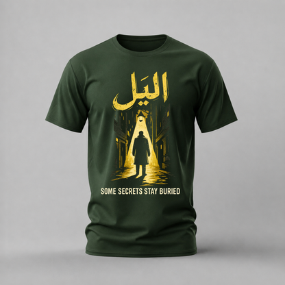 al layl tshirt; some secrets stay buried shirt; night alley graphic tee; arabic calligraphy tshirt; unisex graphic tee; men cotton tshirt; half sleeve printed tshirt; street merch; casual wear
