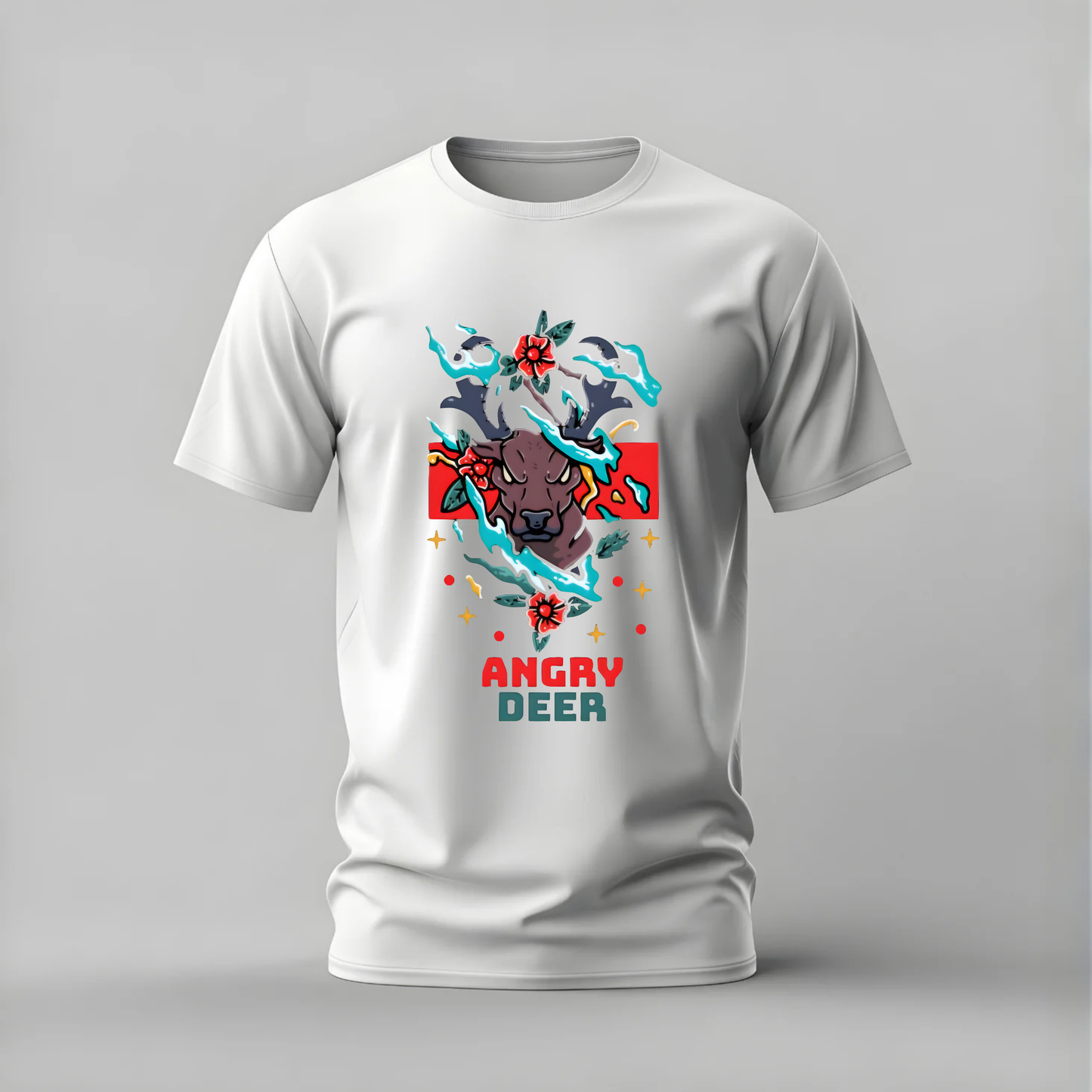 angry deer tshirt; fierce deer shirt; angry deer graphic tee; glowing antler deer tshirt; streetwear deer shirt; unisex animal tee; men cotton tshirt; half sleeve printed tshirt; streetwear; casual wear; deer merch; angry graphic shirt
