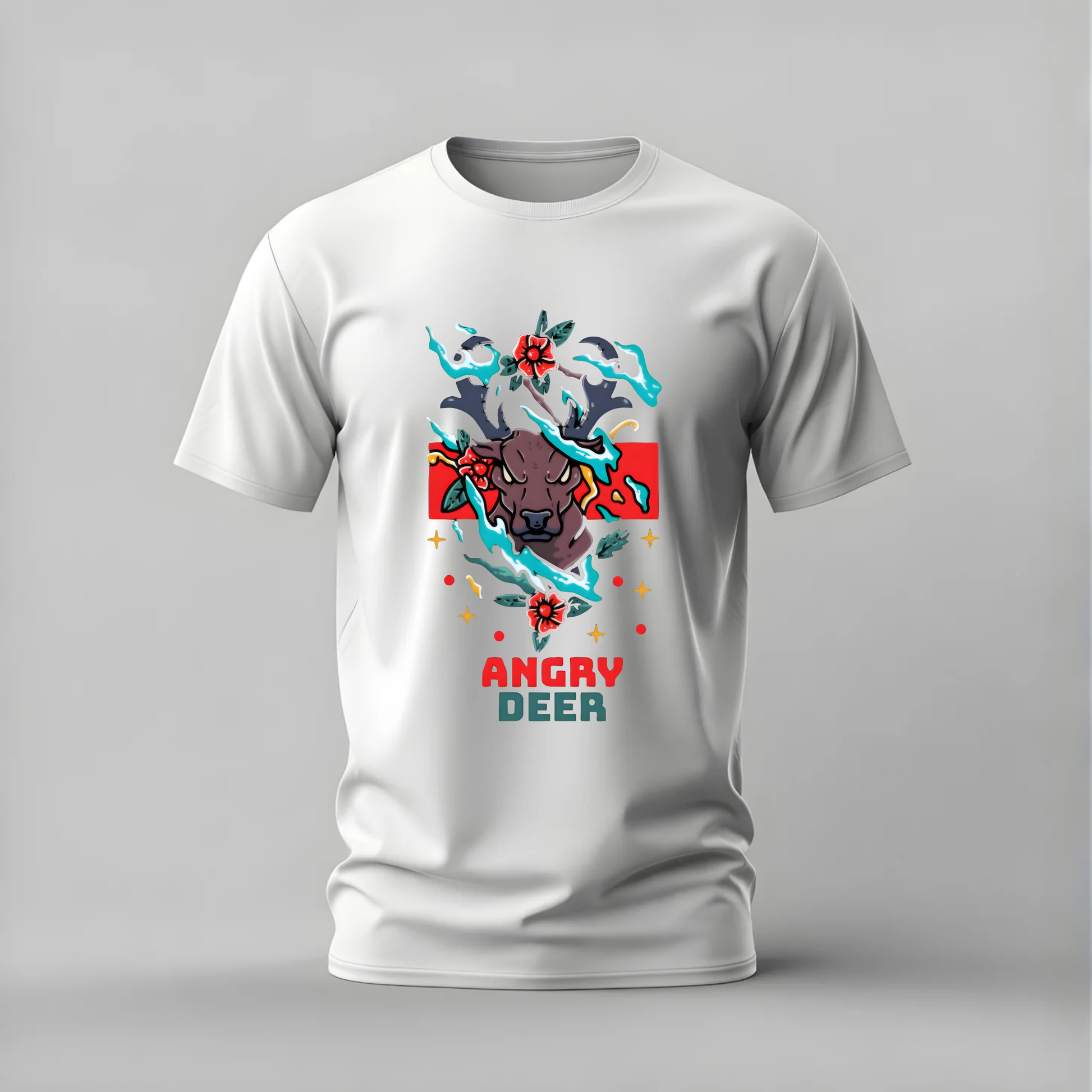 angry deer tshirt; fierce deer shirt; angry deer graphic tee; glowing antler deer tshirt; streetwear deer shirt; unisex animal tee; men cotton tshirt; half sleeve printed tshirt; streetwear; casual wear; deer merch; angry graphic shirt
