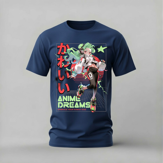 anime dreams tshirt; kawaii girl shirt; green hair anime graphic tee; anime fashion tshirt; unisex anime tee; men cotton tshirt; half sleeve printed tshirt; anime merch; casual wear