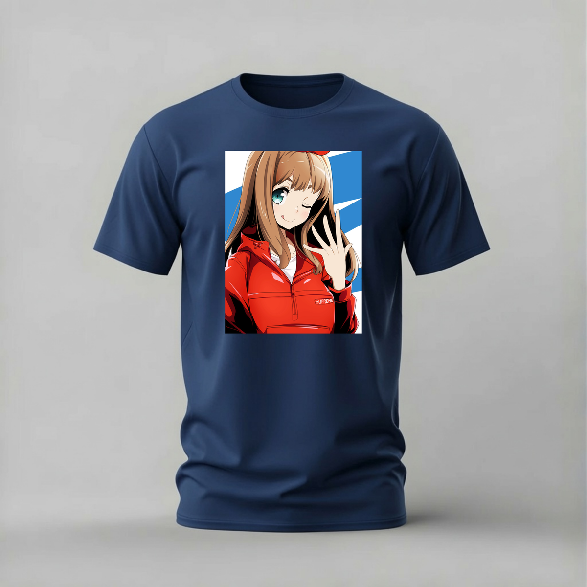 anime girl supreme tshirt; winking anime shirt; red jacket graphic tee; cute anime tshirt; unisex anime tee; men cotton tshirt; half sleeve printed tshirt; anime merch; casual wear