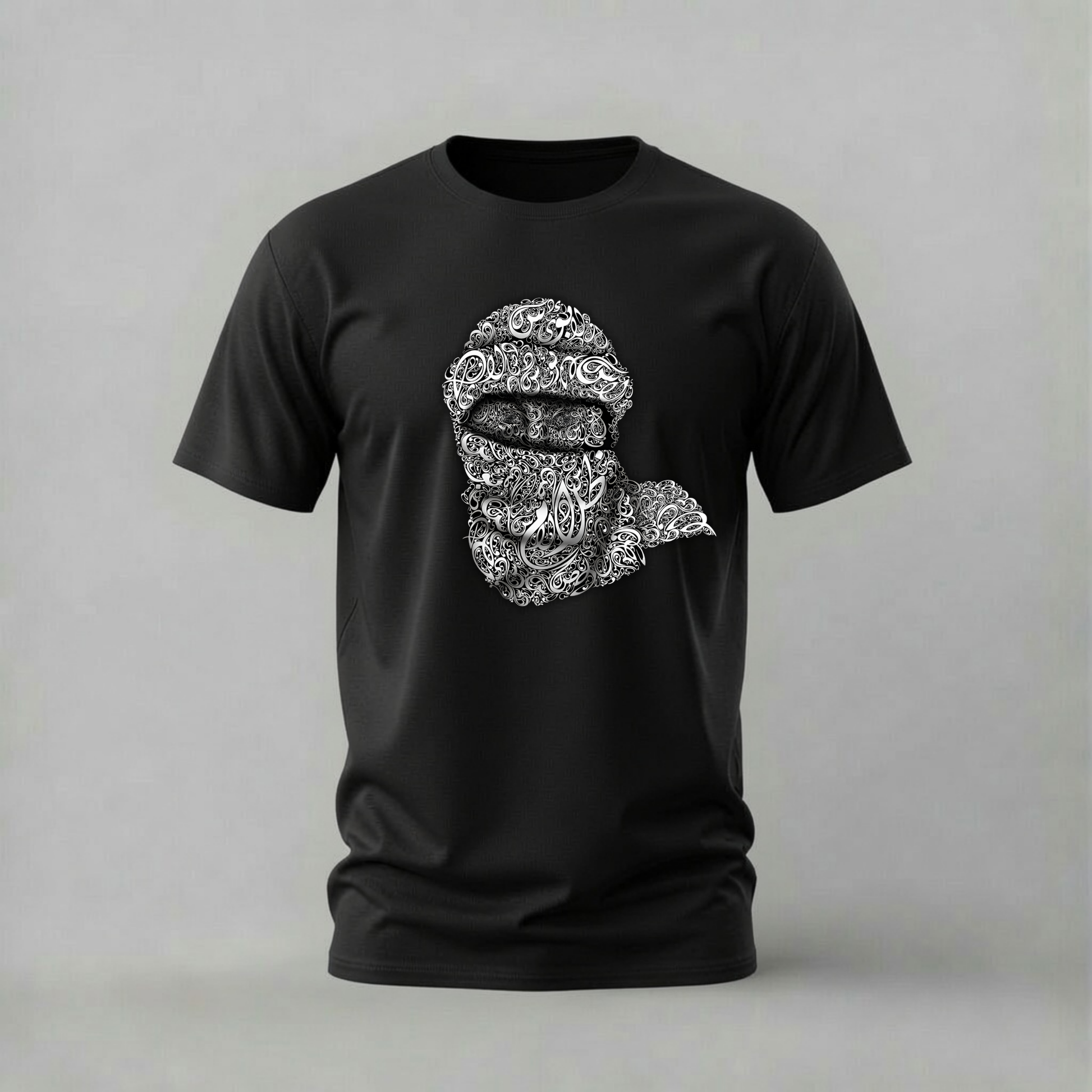 arabic balaclava tshirt; calligraphy mask shirt; arabic calligraphy graphic tee; balaclava design tshirt; cultural streetwear shirt; unisex arabic tee; men cotton tshirt; half sleeve printed tshirt; streetwear; casual wear; calligraphy merch; mask graphic shirt
