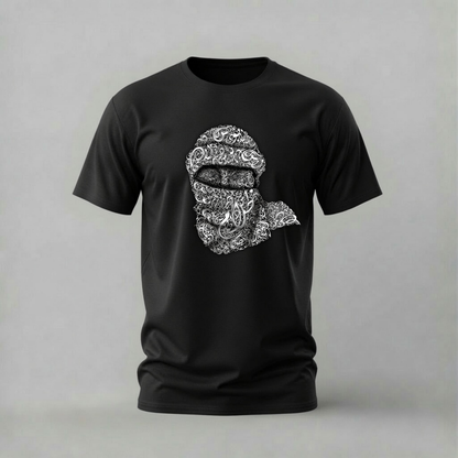 arabic balaclava tshirt; calligraphy mask shirt; arabic calligraphy graphic tee; balaclava design tshirt; cultural streetwear shirt; unisex arabic tee; men cotton tshirt; half sleeve printed tshirt; streetwear; casual wear; calligraphy merch; mask graphic shirt
