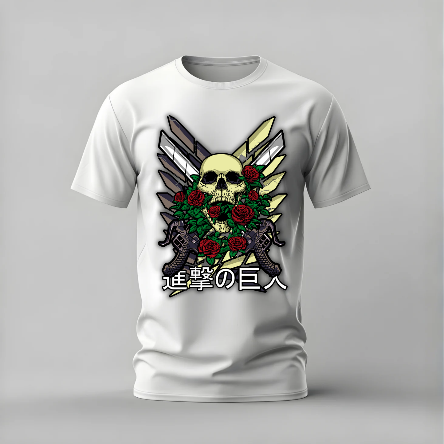 attack on titan tshirt; aot skull shirt; skull roses graphic tee; attack on titan logo tshirt; aot anime shirt; unisex anime tee; men cotton tshirt; half sleeve printed tshirt; streetwear; casual wear; aot merch; skull graphic shirt
