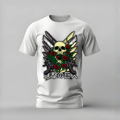attack on titan tshirt; aot skull shirt; skull roses graphic tee; attack on titan logo tshirt; aot anime shirt; unisex anime tee; men cotton tshirt; half sleeve printed tshirt; streetwear; casual wear; aot merch; skull graphic shirt
