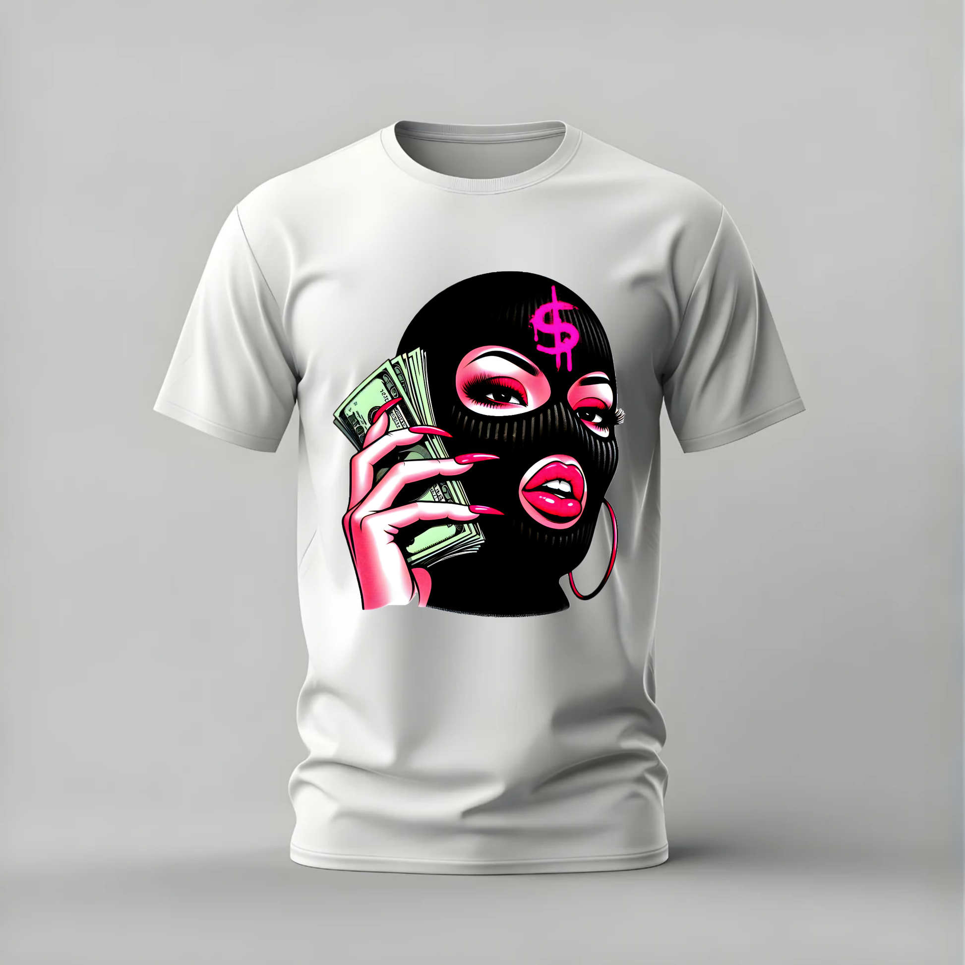 balaclava money tshirt; cash girl shirt; money mask graphic tee; pink cash tshirt; streetwear money shirt; unisex attitude tee; men cotton tshirt; half sleeve printed tshirt; streetwear; casual wear; money merch; balaclava graphic shirt

