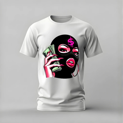 balaclava money tshirt; cash girl shirt; money mask graphic tee; pink cash tshirt; streetwear money shirt; unisex attitude tee; men cotton tshirt; half sleeve printed tshirt; streetwear; casual wear; money merch; balaclava graphic shirt
