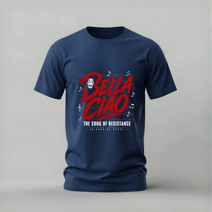 A navy blue short-sleeve t-shirt with a graphic print on the front. The graphic features the text 'BELLA CIAO' in large red letters, 'THE SONG OF RESISTANCE' in white below it, and small white musical notes and a small skull illustration.