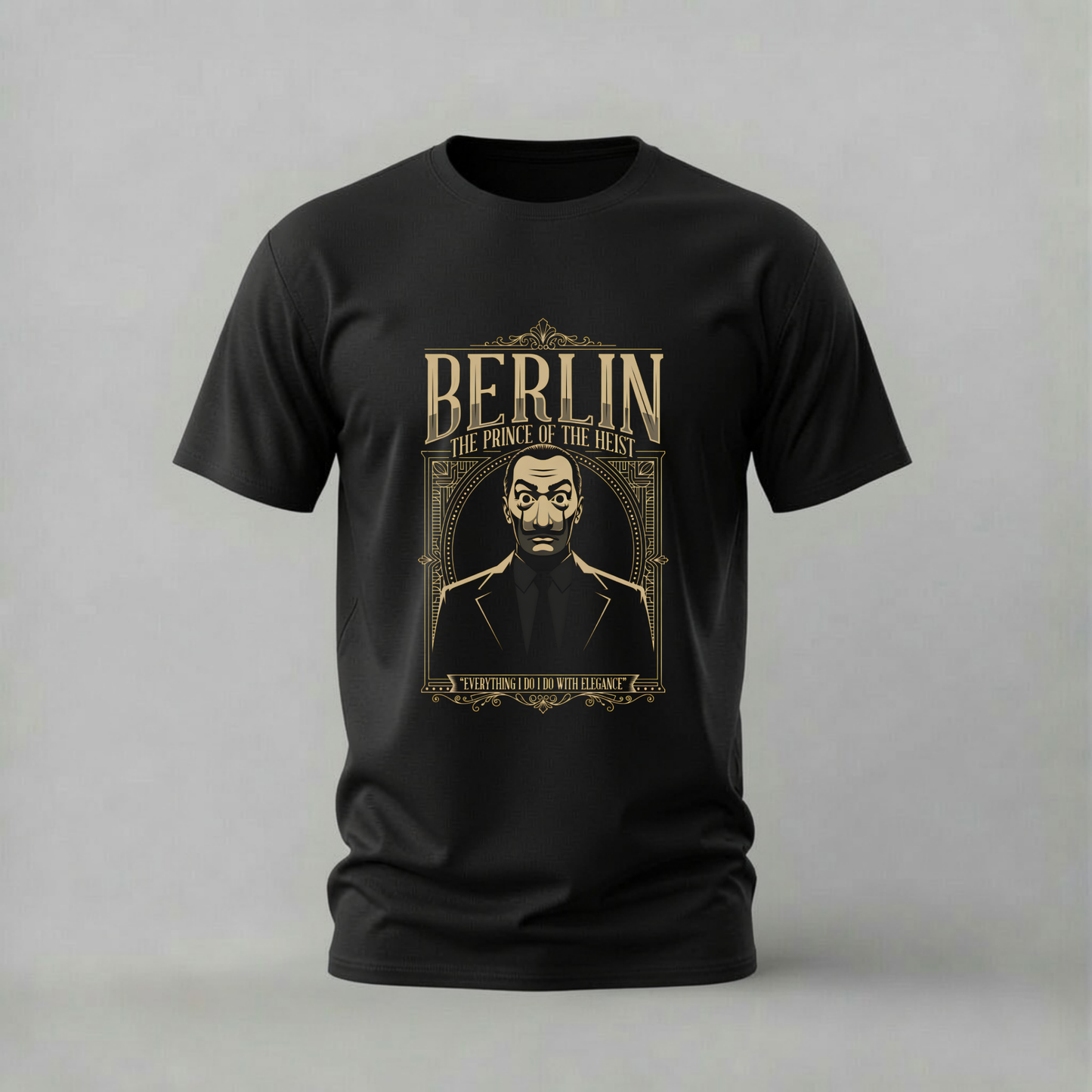 A black short-sleeve crewneck t-shirt with a vintage-style gold graphic print on the front featuring the text 'BERLIN THE PRINCE OF THE HUNT' and an illustrated portrait, displayed against a neutral gray background.