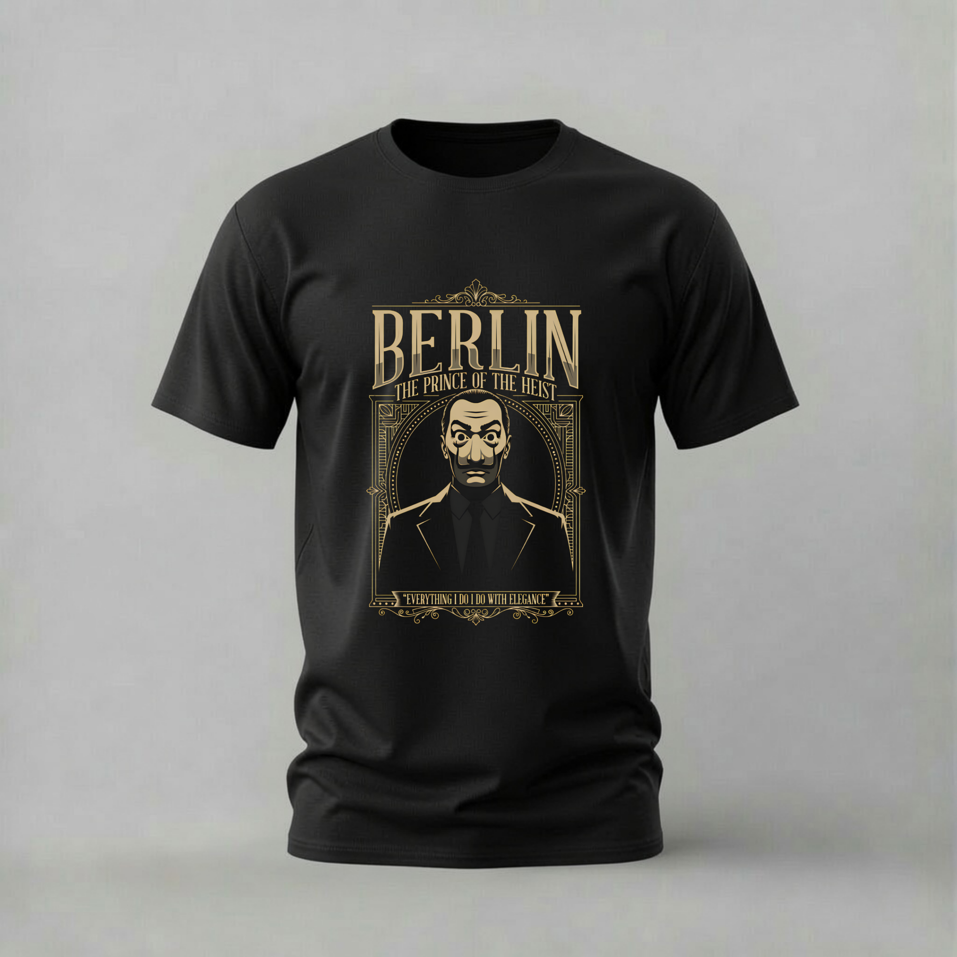 A black short-sleeve crewneck t-shirt with a vintage-style gold graphic print on the front featuring the text 'BERLIN THE PRINCE OF THE HUNT' and an illustrated portrait, displayed against a neutral gray background.