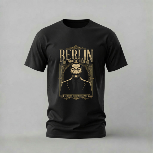 A black short-sleeve crewneck t-shirt with a vintage-style gold graphic print on the front featuring the text 'BERLIN THE PRINCE OF THE HUNT' and an illustrated portrait, displayed against a neutral gray background.