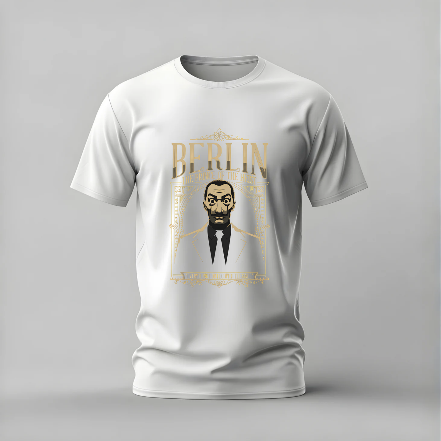 A white short-sleeve crewneck t-shirt with a gold and black graphic print on the front featuring the word 'BERLIN' and an illustrated portrait, displayed on a neutral gray background.