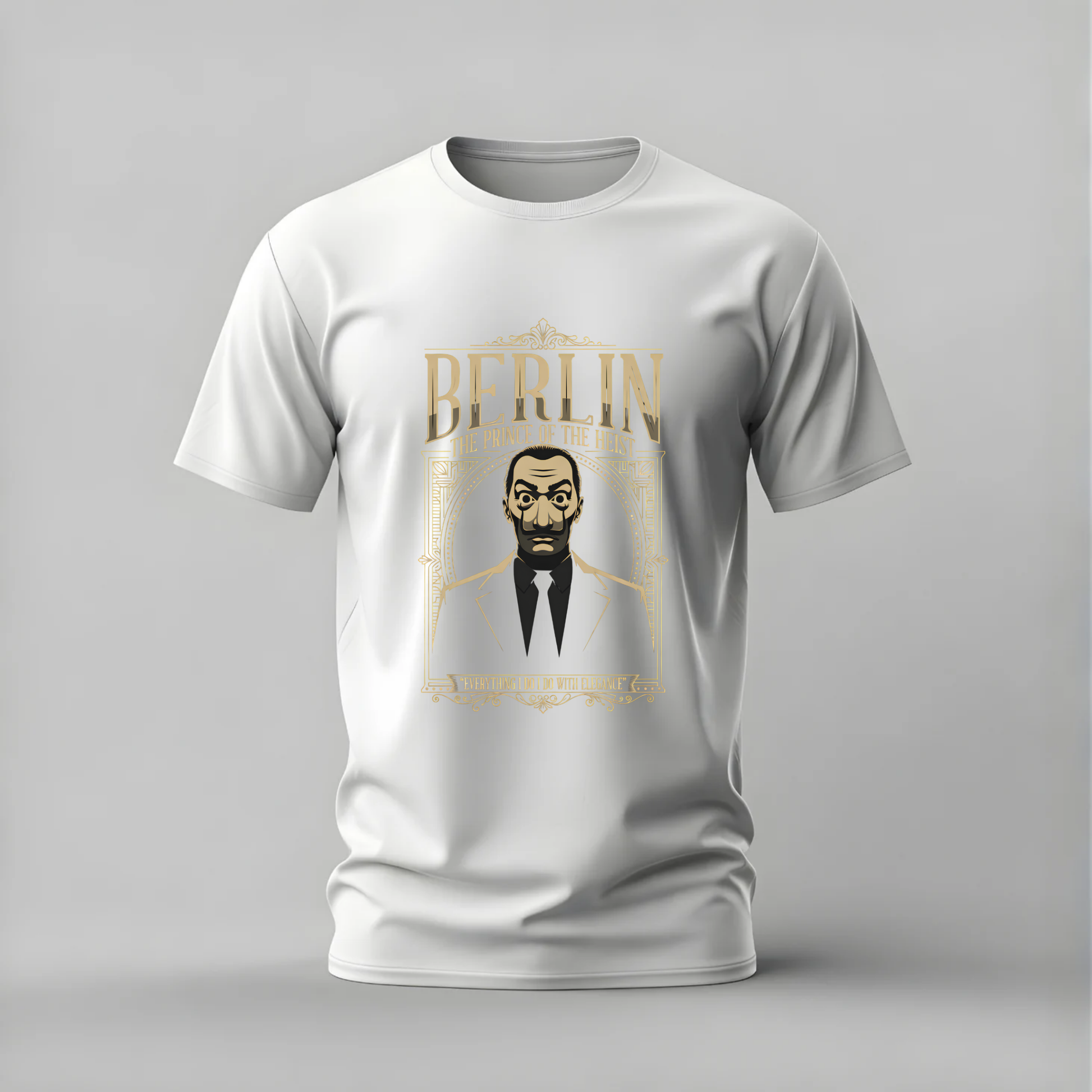 A white short-sleeve crewneck t-shirt with a gold and black graphic print on the front featuring the word 'BERLIN' and an illustrated portrait, displayed on a neutral gray background.