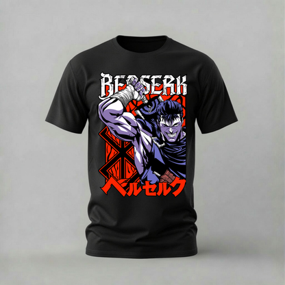 berserk guts tshirt; black swordsman shirt; guts graphic tee; berserk anime tshirt; guts sword shirt; unisex guts tee; men cotton tshirt; half sleeve printed tshirt; streetwear; casual wear; berserk merch; dark fantasy graphic shirt