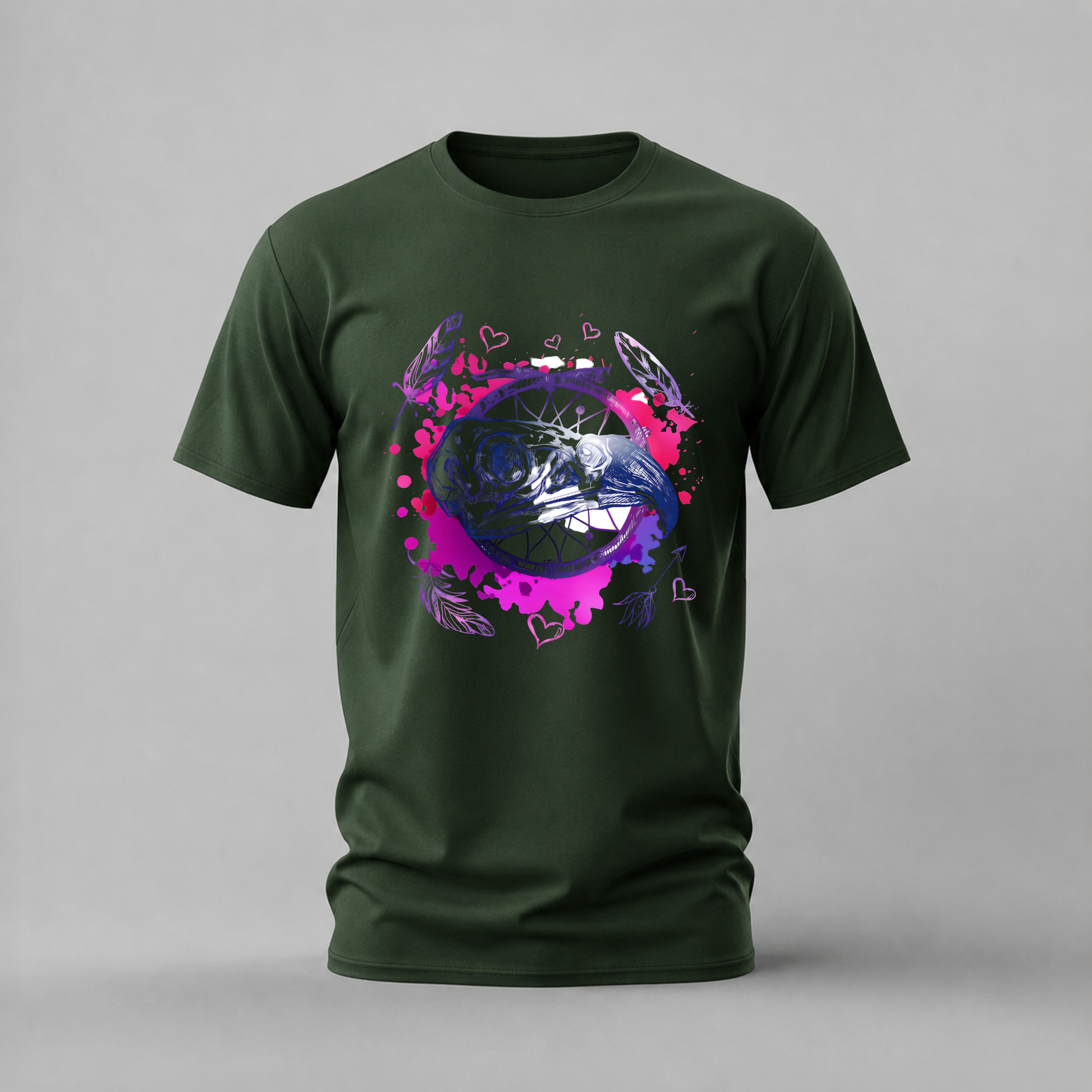bird skull tshirt; dreamcatcher skull shirt; artistic skull graphic tee; bird skull dreamcatcher tshirt; watercolor skull shirt; unisex skull tee; men cotton tshirt; half sleeve printed tshirt; streetwear; casual wear; skull merch; dreamcatcher graphic shirt
