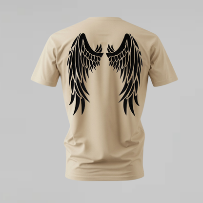 black angel wings tshirt; dark wings shirt; angel wings graphic tee; gothic wings tshirt; black wings shirt; unisex wings tee; men cotton tshirt; half sleeve printed tshirt; streetwear; casual wear; wings merch; gothic graphic shirt
