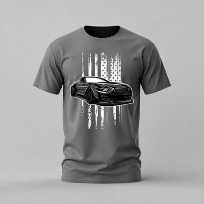 black mustang tshirt; american flag car shirt; muscle car graphic tee; mustang flag tshirt; unisex car tee; men cotton tshirt; half sleeve printed tshirt; car merch; casual wear