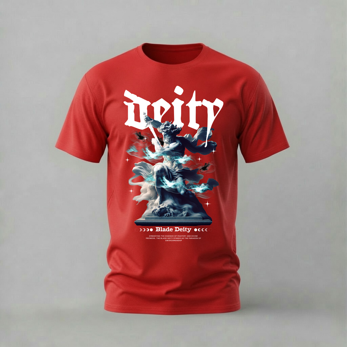 blade deity tshirt; classical statue shirt; warrior deity graphic tee; mythology streetwear tshirt; unisex streetwear tee; men cotton tshirt; half sleeve printed tshirt; fashion merch; casual wear
