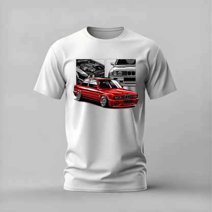 bmw e30 m3 tshirt; red e30 shirt; classic m3 graphic tee; bmw m car tshirt; unisex car tee; men cotton tshirt; half sleeve printed tshirt; car merch; casual wear