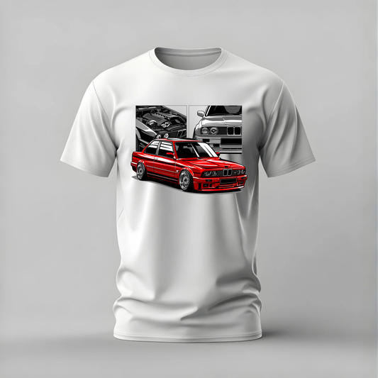 bmw e30 m3 tshirt; red e30 shirt; classic m3 graphic tee; bmw m car tshirt; unisex car tee; men cotton tshirt; half sleeve printed tshirt; car merch; casual wear