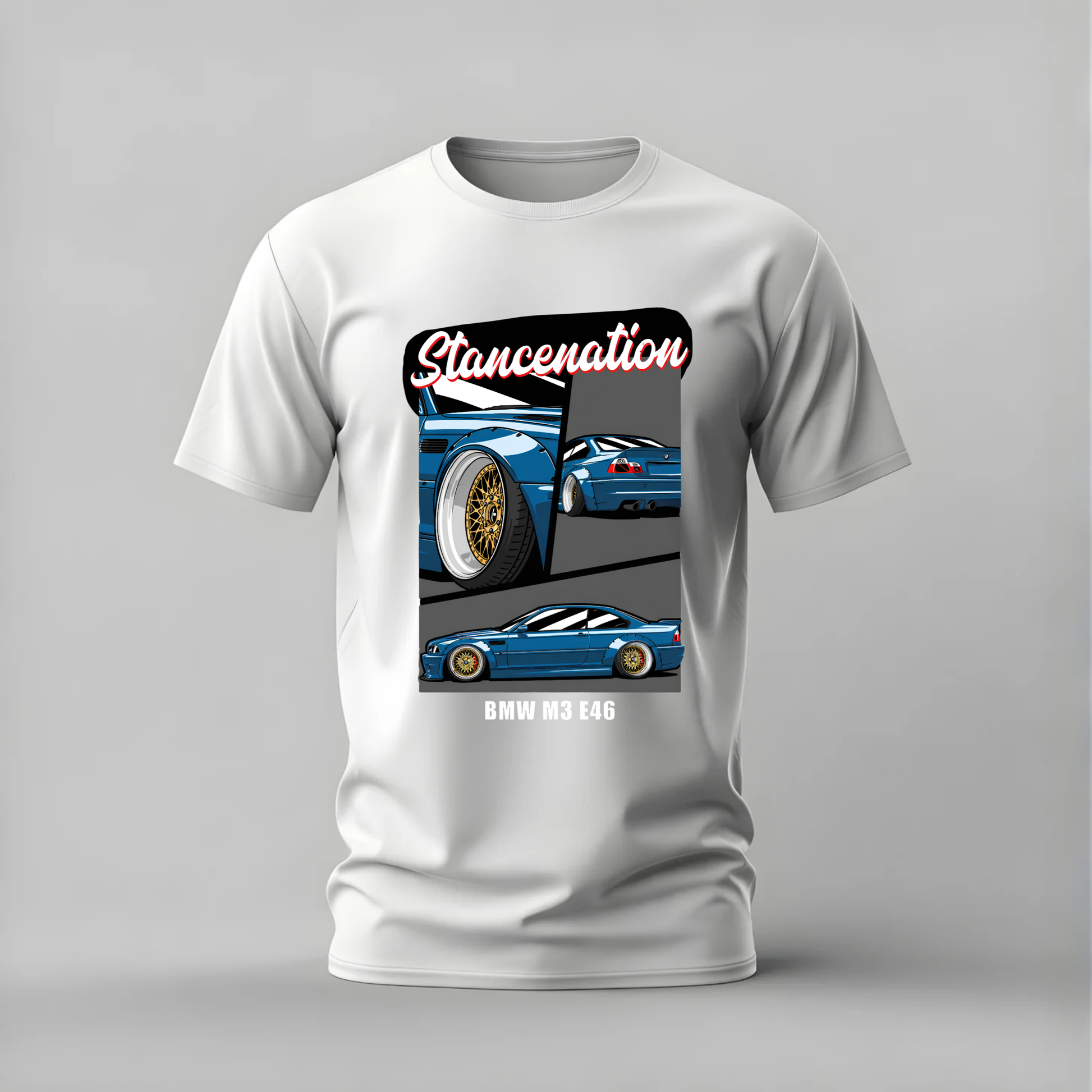 bmw m3 e46 tshirt; stancenation bmw shirt; e46 m3 graphic tee; bmw stanced tshirt; jdm bmw shirt; e46 stance tee; unisex car tshirt; men cotton tshirt; half sleeve printed tshirt; streetwear; casual wear; bmw merch; m3 fan shirt
