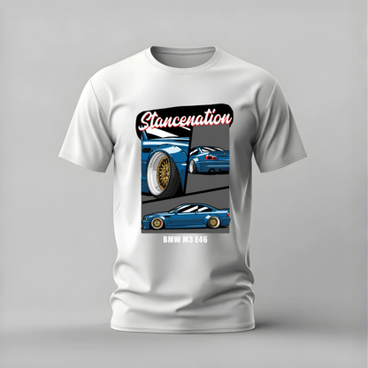 bmw m3 e46 tshirt; stancenation bmw shirt; e46 m3 graphic tee; bmw stanced tshirt; jdm bmw shirt; e46 stance tee; unisex car tshirt; men cotton tshirt; half sleeve printed tshirt; streetwear; casual wear; bmw merch; m3 fan shirt
