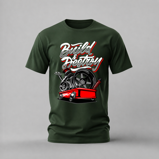 build and destroy tshirt; car parts shirt; turbo wheel graphic tee; project car tshirt; unisex car tee; men cotton tshirt; half sleeve printed tshirt; car merch; casual wear