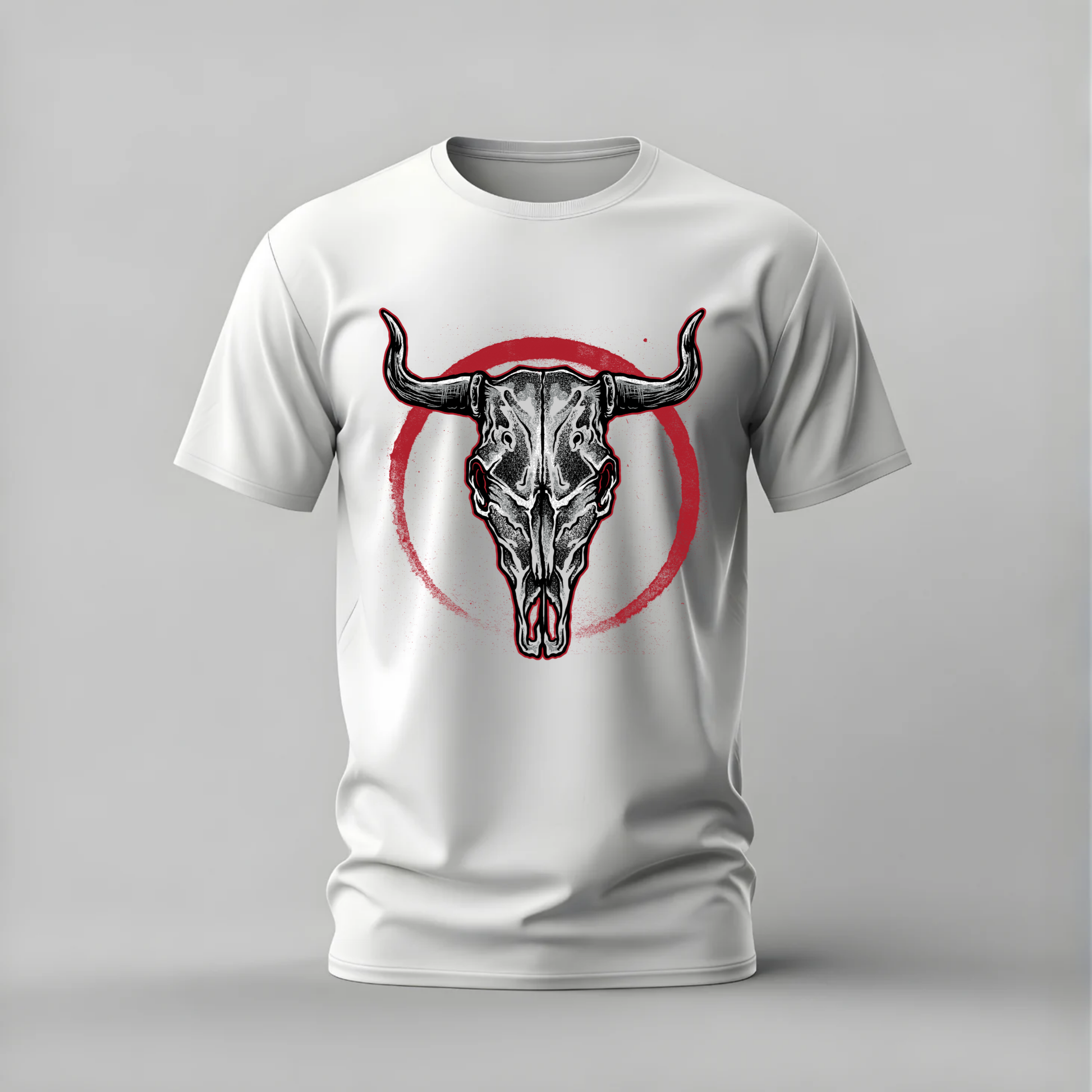 bull skull tshirt; longhorn skull shirt; western skull graphic tee; red circle skull tshirt; cowboy skull tee; unisex western tshirt; men cotton tshirt; half sleeve printed tshirt; streetwear; casual wear; western merch; skull art shirt

