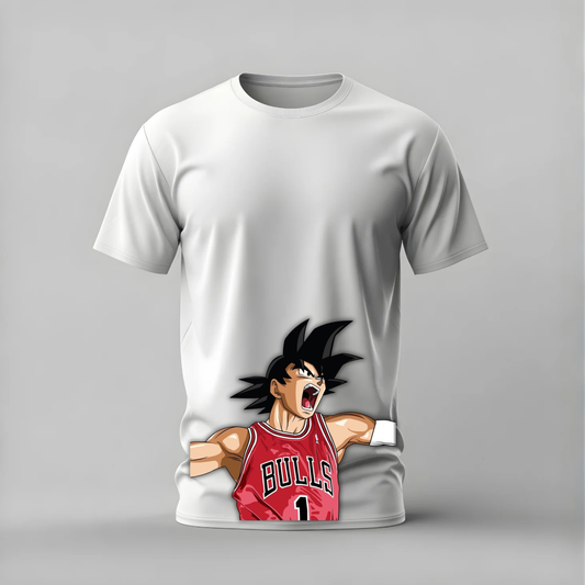 bulls goku tshirt; chicago bulls goku shirt; basketball goku graphic tee; goku jersey tshirt; unisex bulls goku tee; men cotton tshirt; half sleeve printed tshirt; anime merch; casual wear