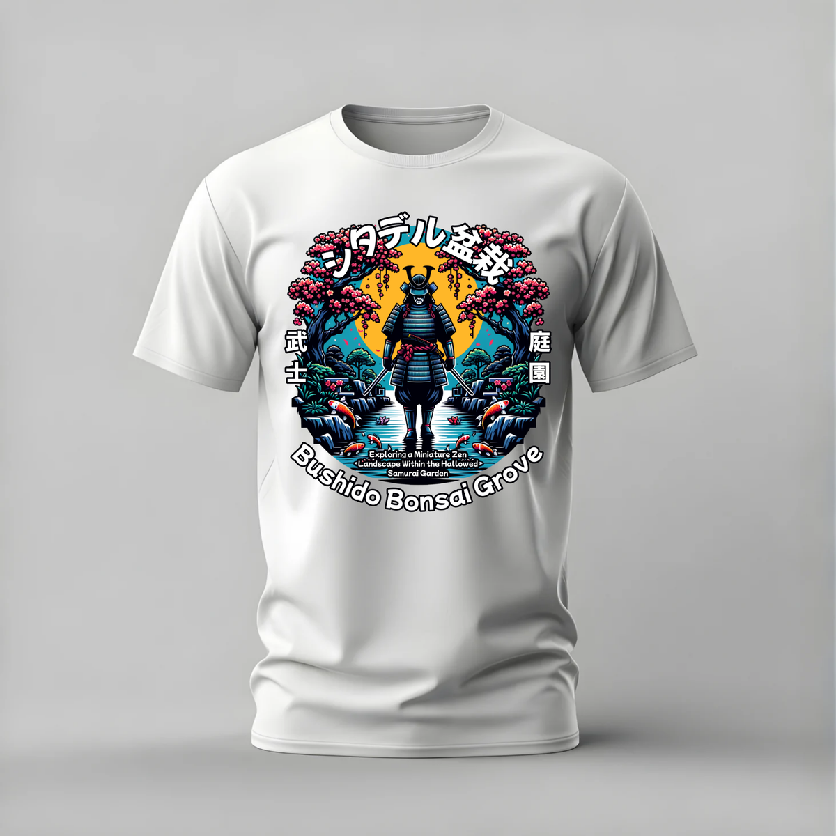 bushido bonsai grove tshirt; samurai garden shirt; japanese zen graphic tee; bonsai samurai tshirt; unisex graphic tee; men cotton tshirt; half sleeve printed tshirt; cultural merch; casual wear