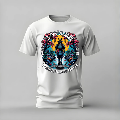 bushido bonsai grove tshirt; samurai garden shirt; japanese zen graphic tee; bonsai samurai tshirt; unisex graphic tee; men cotton tshirt; half sleeve printed tshirt; cultural merch; casual wear