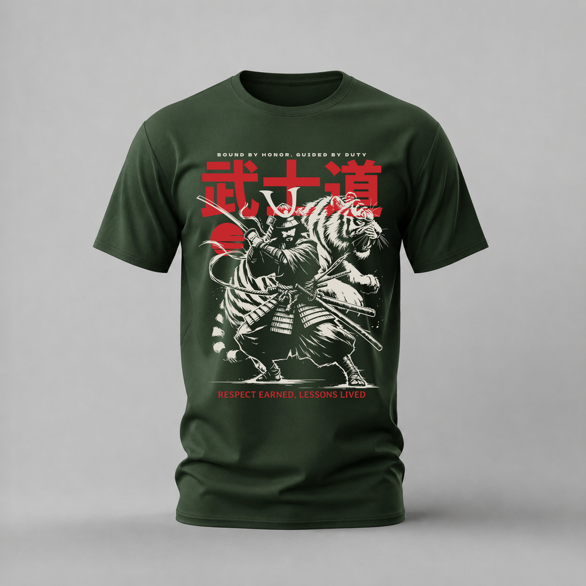 bushido tshirt; samurai tiger shirt; japanese warrior graphic tee; bushido code tshirt; unisex graphic tee; men cotton tshirt; half sleeve printed tshirt; cultural merch; casual wear