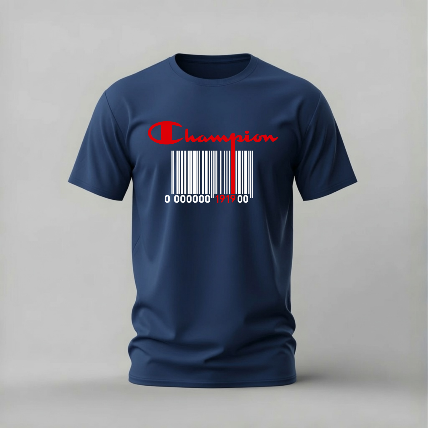 A navy blue short-sleeve t-shirt with a red and white graphic on the chest featuring the Champion logo and a barcode design, displayed on a neutral gray background.