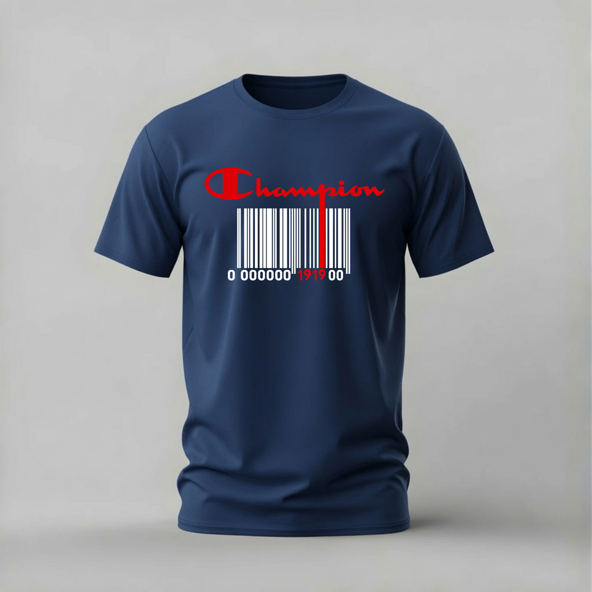A navy blue short-sleeve t-shirt with a red and white graphic on the chest featuring the Champion logo and a barcode design, displayed on a neutral gray background.