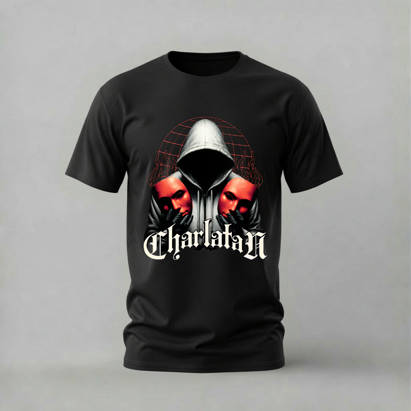charlatan tshirt; dual masks shirt; hooded figure graphic tee; red masks tshirt; dark streetwear shirt; unisex dark tee; men cotton tshirt; half sleeve printed tshirt; streetwear; casual wear; mask merch; gothic graphic shirt
