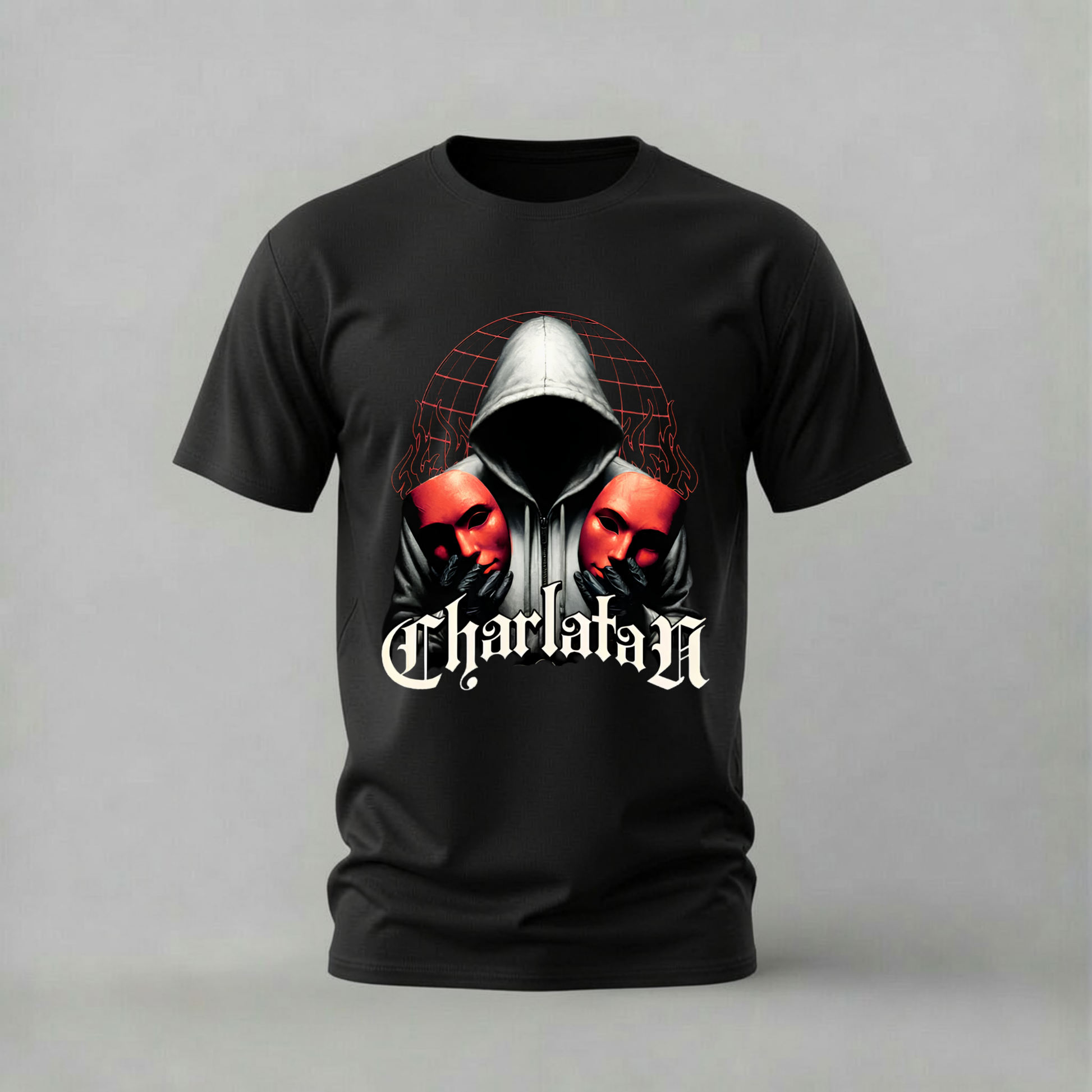 charlatan tshirt; dual masks shirt; hooded figure graphic tee; red masks tshirt; dark streetwear shirt; unisex dark tee; men cotton tshirt; half sleeve printed tshirt; streetwear; casual wear; mask merch; gothic graphic shirt
