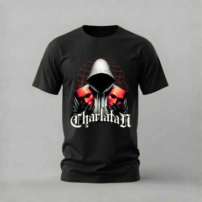charlatan tshirt; dual masks shirt; hooded figure graphic tee; red masks tshirt; dark streetwear shirt; unisex dark tee; men cotton tshirt; half sleeve printed tshirt; streetwear; casual wear; mask merch; gothic graphic shirt
