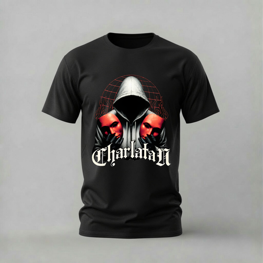 charlatan tshirt; dual masks shirt; hooded figure graphic tee; red masks tshirt; dark streetwear shirt; unisex dark tee; men cotton tshirt; half sleeve printed tshirt; streetwear; casual wear; mask merch; gothic graphic shirt
