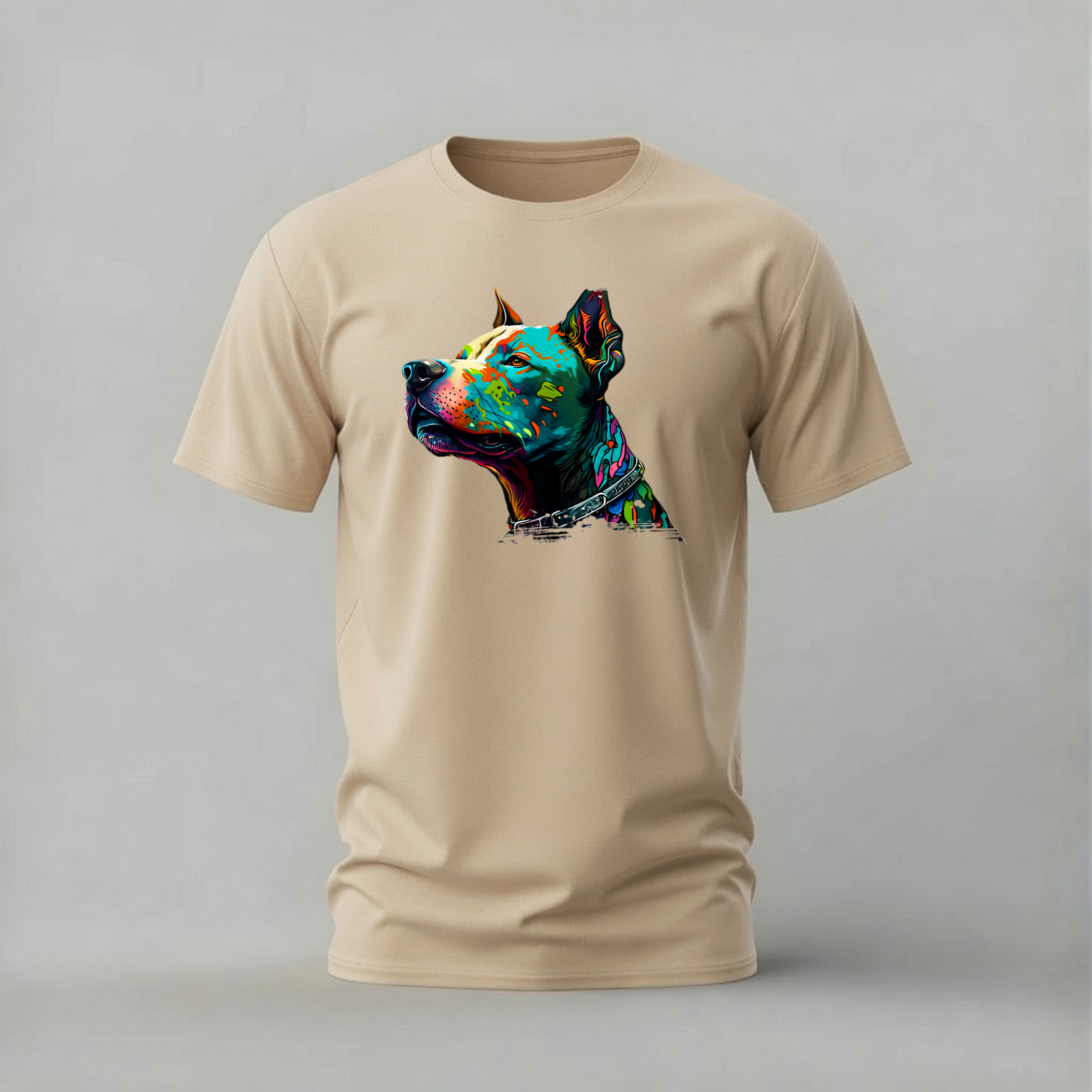 colorful dog tshirt; painted dog shirt; artistic dog graphic tee; multi color dog tshirt; vibrant dog shirt; unisex dog tee; men cotton tshirt; half sleeve printed tshirt; streetwear; casual wear; dog merch; art graphic shirt
