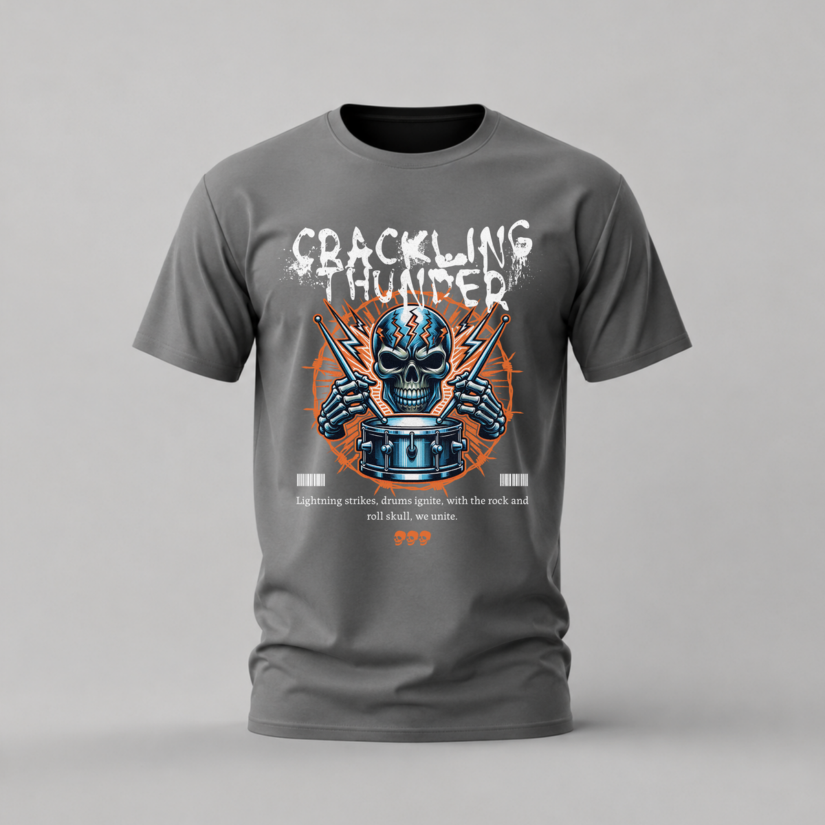 crackling thunder tshirt; drumming skull shirt; rock metal graphic tee; lightning skull tshirt; unisex graphic tee; men cotton tshirt; half sleeve printed tshirt; music merch; casual wear