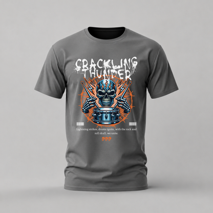 crackling thunder tshirt; drumming skull shirt; rock metal graphic tee; lightning skull tshirt; unisex graphic tee; men cotton tshirt; half sleeve printed tshirt; music merch; casual wear