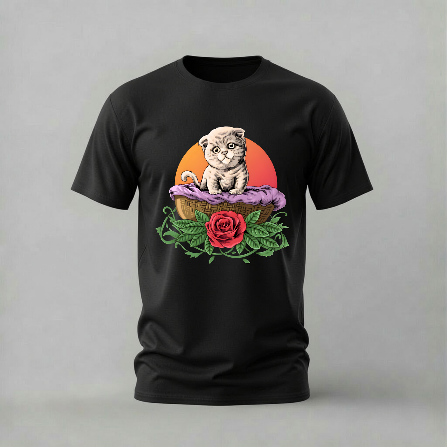 cute cat tshirt; kitten basket shirt; scottish fold graphic tee; cat with rose tshirt; cute kitten shirt; unisex cat tee; men cotton tshirt; half sleeve printed tshirt; streetwear; casual wear; cat merch; cute animal graphic shirt
