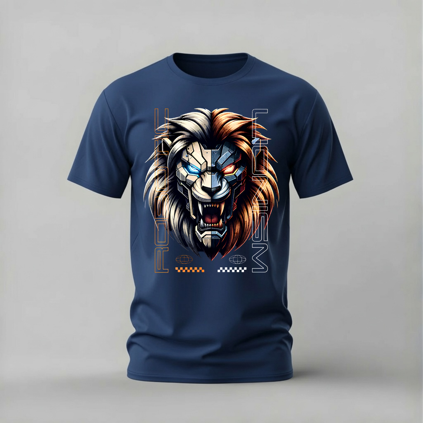 cyber lion tshirt; robotic lion shirt; cyberpunk lion graphic tee; half robot lion tshirt; futuristic lion shirt; unisex cyber lion tee; men cotton tshirt; half sleeve printed tshirt; streetwear; casual wear; cyber merch; lion graphic shirt