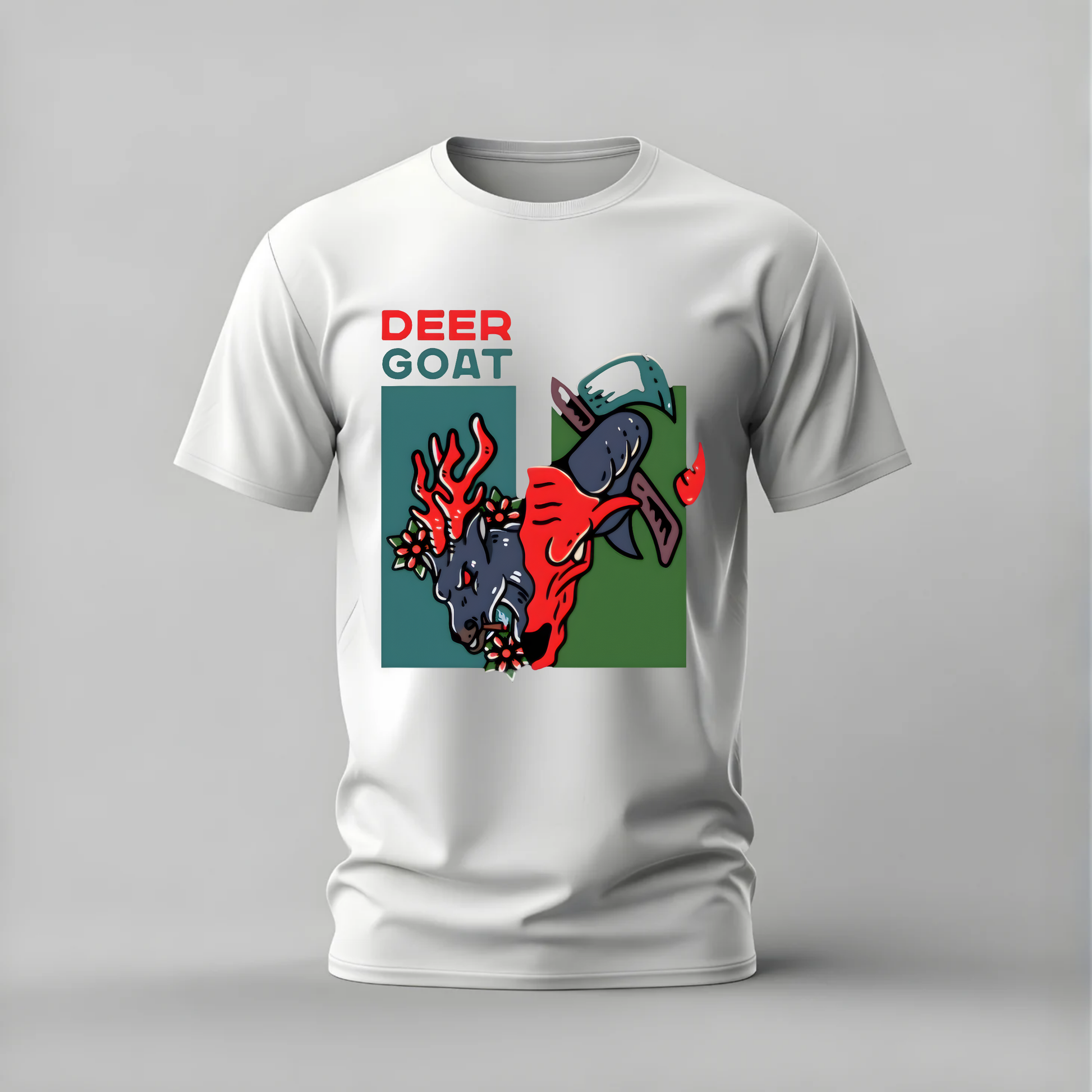 deer goat tshirt; split animal shirt; deer goat graphic tee; unique animal tshirt; artistic deer shirt; unisex animal tee; men cotton tshirt; half sleeve printed tshirt; streetwear; casual wear; animal merch; deer graphic shirt

